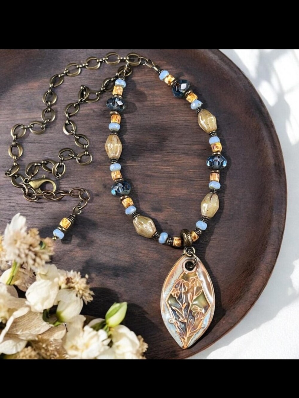 Artisan Blue and Gold Floral Pendant Necklace